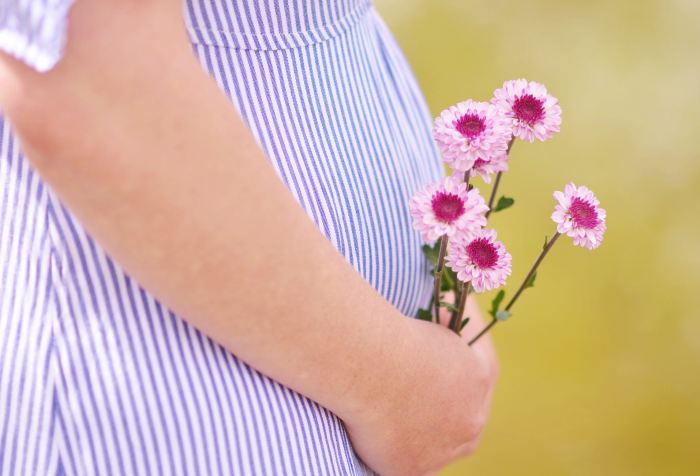 Close-up of pregnant women holding flowers over baby